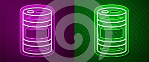 Glowing neon line Metal beer keg icon isolated on purple and green background. Vector