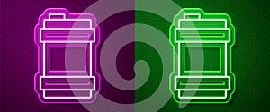 Glowing neon line Metal beer keg icon isolated on purple and green background. Vector