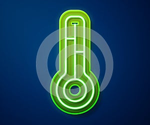 Glowing neon line Meteorology thermometer measuring icon isolated on blue background. Thermometer equipment showing hot