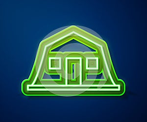 Glowing neon line Military barracks station icon isolated on blue background. Airstrikes architecture army. Vector