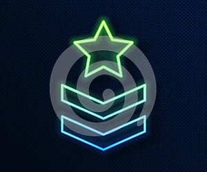 Glowing neon line Military rank icon isolated on blue background. Military badge sign. Vector