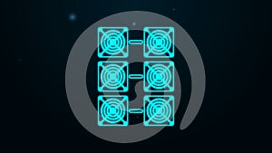 Glowing neon line Mining farm icon isolated on black background. Cryptocurrency mining, blockchain technology, bitcoin