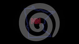 Glowing neon line Minnesota state lettering isolated on black background. USA. Animated map showing the state of