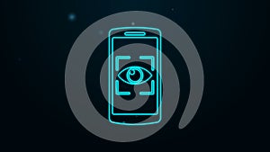 Glowing neon line Mobile phone and eye scan icon isolated on black background. Scanning eye. Security check symbol