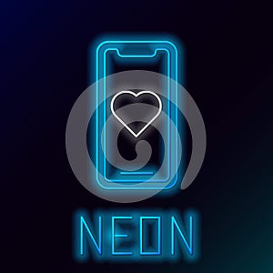 Glowing neon line Mobile phone with heart icon isolated on black background. Valentines day. Colorful outline concept