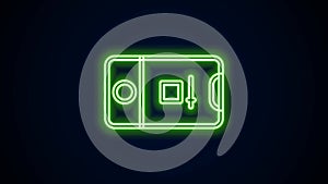 Glowing neon line Mobile phone with record frame camera icon isolated on black background. Mobile app application. Photo