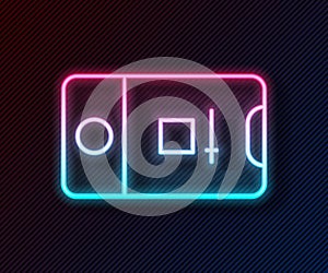 Glowing neon line Mobile phone with record frame camera icon isolated on black background. Mobile app application. Photo