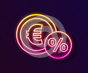 Glowing neon line Money coin with percent icon isolated on black background. Cash Banking currency sign. Vector