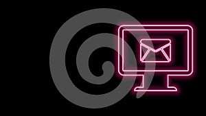 Glowing neon line Monitor and envelope, new message, mail, email icon isolated on black background. Usage for e-mail
