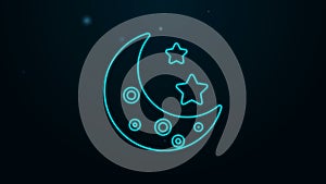 Glowing neon line Moon and stars icon isolated on black background. 4K Video motion graphic animation
