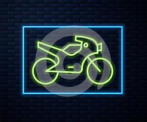 Glowing neon line Motorcycle icon isolated on brick wall background. Vector Illustration