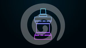 Glowing neon line Mouthwash plastic bottle icon isolated on black background. Liquid for rinsing mouth. Oralcare