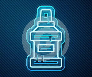 Glowing neon line Mouthwash plastic bottle icon isolated on blue background. Liquid for rinsing mouth. Oralcare