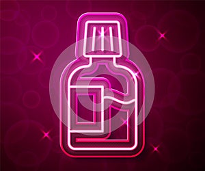 Glowing neon line Mouthwash plastic bottle icon isolated on red background. Liquid for rinsing mouth. Oralcare equipment