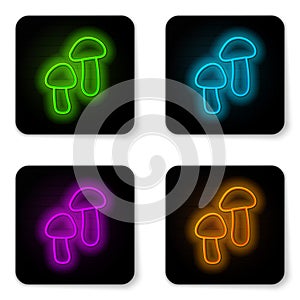 Glowing neon line Mushroom icon isolated on white background. Black square button. Vector