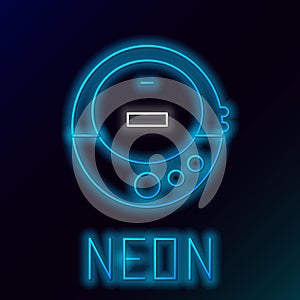 Glowing neon line Music CD player icon isolated on black background. Portable music device. Colorful outline concept