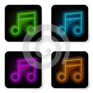 Glowing neon line Music note, tone icon isolated on white background. Black square button. Vector