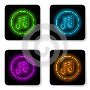 Glowing neon line Music note, tone icon isolated on white background. Black square button. Vector