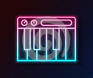 Glowing neon line Music synthesizer icon isolated on black background. Electronic piano. Vector