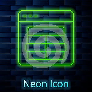 Glowing neon line MySQL code icon isolated on brick wall background. HTML Code symbol for your web site design. Vector