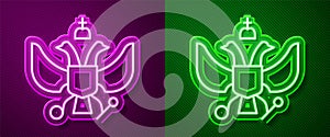 Glowing neon line National emblem of Russia icon isolated on purple and green background. Russian coat of arms two