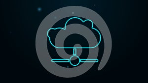 Glowing neon line Network cloud connection icon isolated on black background. Social technology. Cloud computing concept