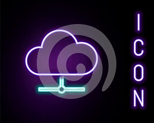 Glowing neon line Network cloud connection icon isolated on black background. Social technology. Cloud computing concept