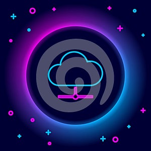 Glowing neon line Network cloud connection icon isolated on black background. Social technology. Cloud computing concept