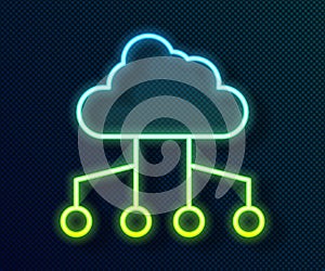 Glowing neon line Network cloud connection icon isolated on black background. Social technology. Cloud computing concept