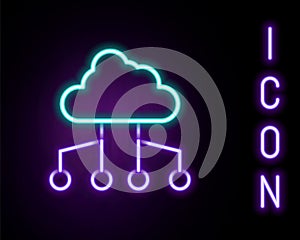 Glowing neon line Network cloud connection icon isolated on black background. Social technology. Cloud computing concept