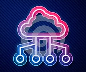 Glowing neon line Network cloud connection icon isolated on blue background. Social technology. Cloud computing concept