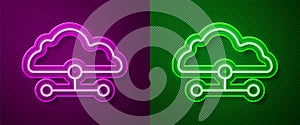 Glowing neon line Network cloud connection icon isolated on purple and green background. Social technology. Cloud