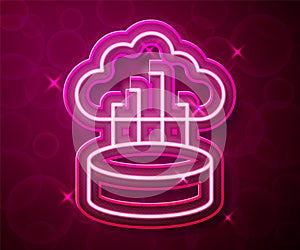 Glowing neon line Network cloud connection icon isolated on red background. Social technology. Cloud computing concept