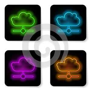 Glowing neon line Network cloud connection icon isolated on white background. Social technology. Cloud computing concept