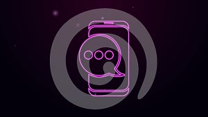 Glowing neon line New chat messages notification on phone icon isolated on purple background. Smartphone chatting sms