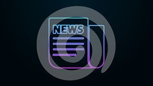 Glowing neon line News icon isolated on black background. Newspaper sign. Mass media symbol. 4K Video motion graphic