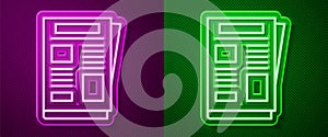 Glowing neon line News icon isolated on purple and green background. Newspaper sign. Mass media symbol. Vector