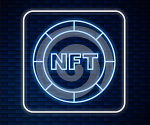 Glowing neon line NFT Digital crypto art icon isolated on brick wall background. Non fungible token. Vector