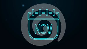 Glowing neon line November calendar autumn icon isolated on black background. 4K Video motion graphic animation