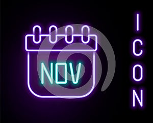 Glowing neon line November calendar autumn icon isolated on black background. Colorful outline concept. Vector