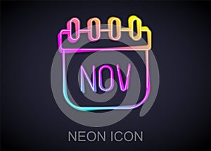 Glowing neon line November calendar autumn icon isolated on black background. Vector