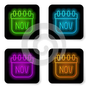Glowing neon line November calendar autumn icon isolated on white background. Black square button. Vector