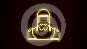 Glowing neon line Nuclear power plant worker wearing protective clothing icon isolated on black background. Nuclear