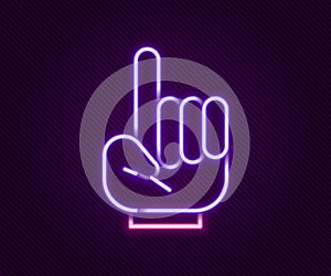 Glowing neon line Number 1 one fan hand glove with finger raised icon isolated on black background. Symbol of team