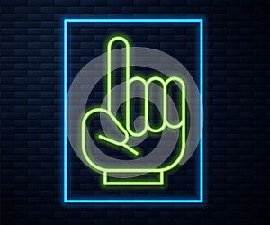 Glowing neon line Number 1 one fan hand glove with finger raised icon isolated on brick wall background. Symbol of team