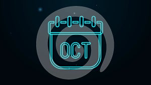 Glowing neon line October calendar autumn icon isolated on black background. 4K Video motion graphic animation