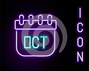 Glowing neon line October calendar autumn icon isolated on black background. Colorful outline concept. Vector