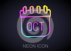Glowing neon line October calendar autumn icon isolated on black background. Vector