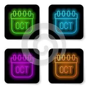 Glowing neon line October calendar autumn icon isolated on white background. Black square button. Vector