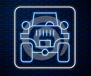 Glowing neon line Off road car icon isolated on brick wall background. Jeep sign. Vector